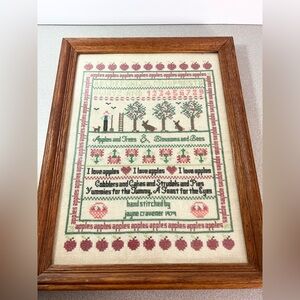 Vintage ‘79 Completed Framed Cross Stitch picture Apples Sampler country kitchen